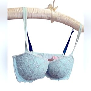 VICTORIA'S SECRET PINK Lined Underwire Demi Bra Blue Silver Lace Sexy 34D EUC